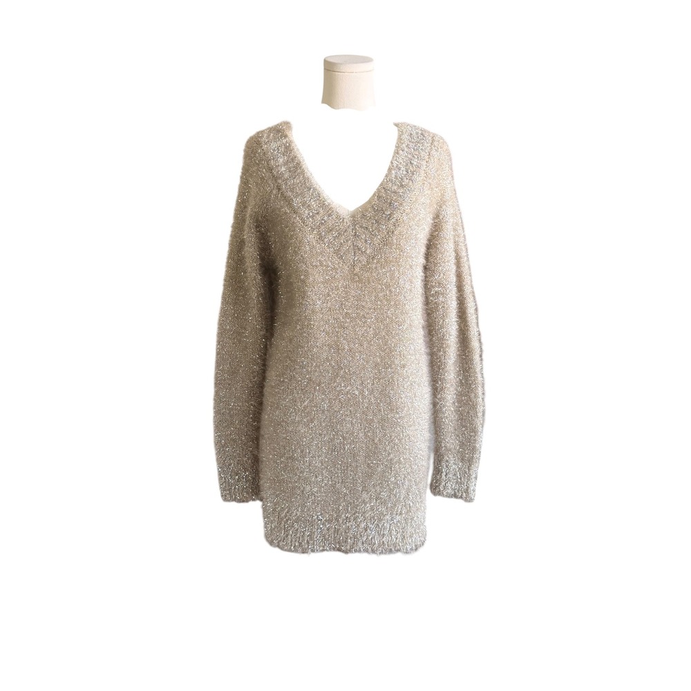 Boston Proper Metallic Eyelash Knit Sweater Silver Gold Shimmer V-Neck Small